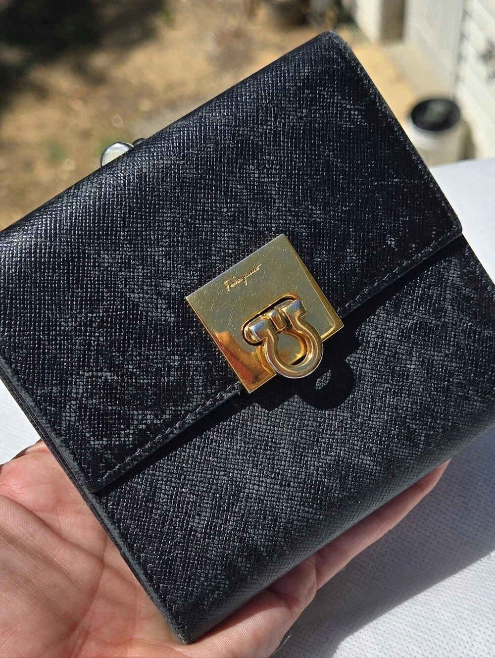 Like NEW Salvatore Ferragamo Women's Navy Kiss Lock  Tri-Fold Wallet
